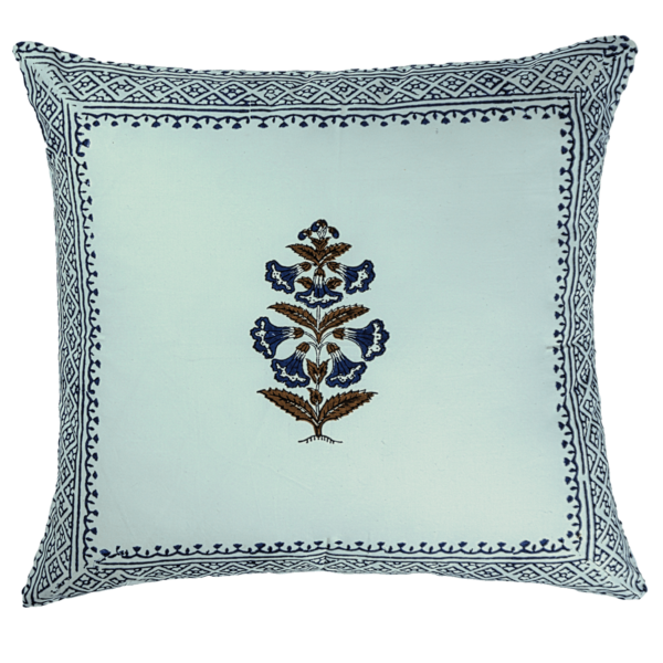 Blue floral handprinted cotton decorative pillow