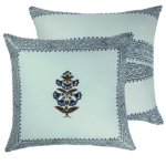 Blue floral handprinted cotton decorative pillow