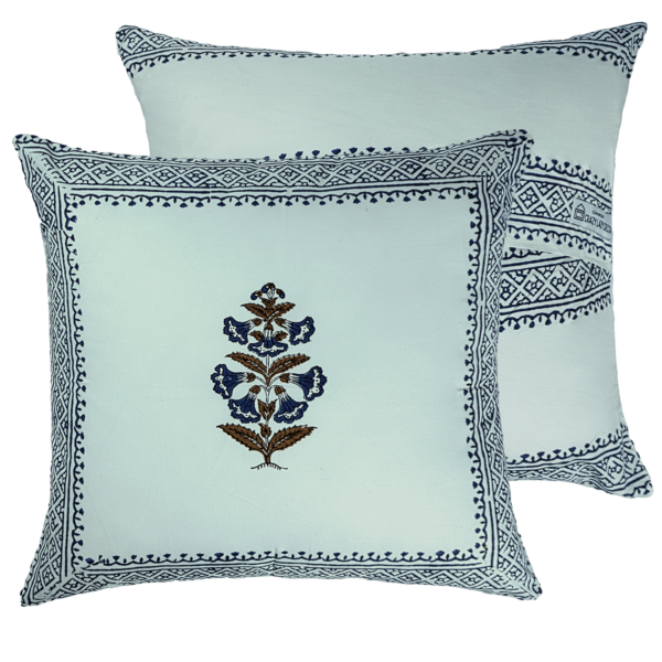 Blue floral handprinted cotton decorative pillow