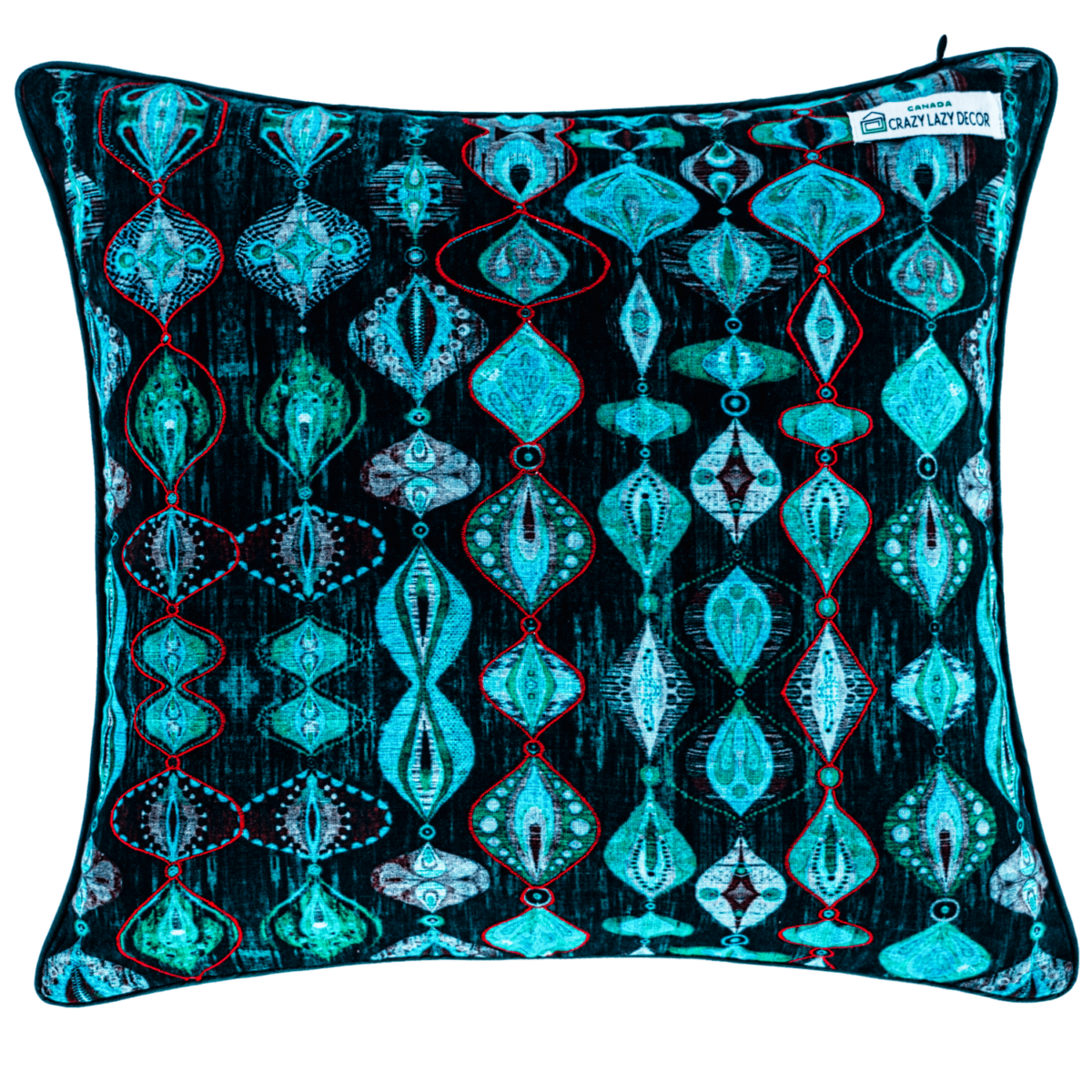 Inspired by the tropical islands of the Pacific Ocean, this cushion celebrates the rich hues of ocean waves color. Bright cushion with an abstract pattern in shades of blue and green printed all over the front and back. The front is also highlighted by single red color thread embroidery to enrich the look.