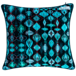 Inspired by the tropical islands of the Pacific Ocean, this cushion celebrates the rich hues of ocean waves color. Bright cushion with an abstract pattern in shades of blue and green printed all over the front and back. The front is also highlighted by single red color thread embroidery to enrich the look.