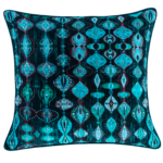 Inspired by the tropical islands of the Pacific Ocean, this cushion celebrates the rich hues of ocean waves color. Bright cushion with an abstract pattern in shades of blue and green printed all over the front and back. The front is also highlighted by single red color thread embroidery to enrich the look.