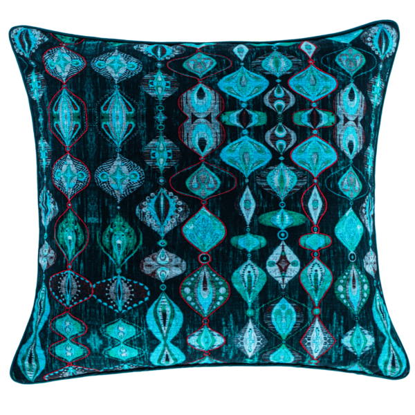 Inspired by the tropical islands of the Pacific Ocean, this cushion celebrates the rich hues of ocean waves color. Bright cushion with an abstract pattern in shades of blue and green printed all over the front and back. The front is also highlighted by single red color thread embroidery to enrich the look.